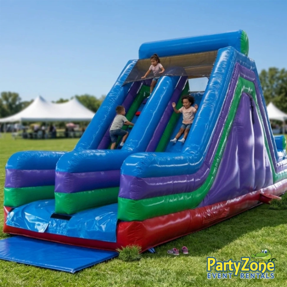 17ft dual-lane dry slide and rock climb rental for Metairie LA backyard challenges and youth events
