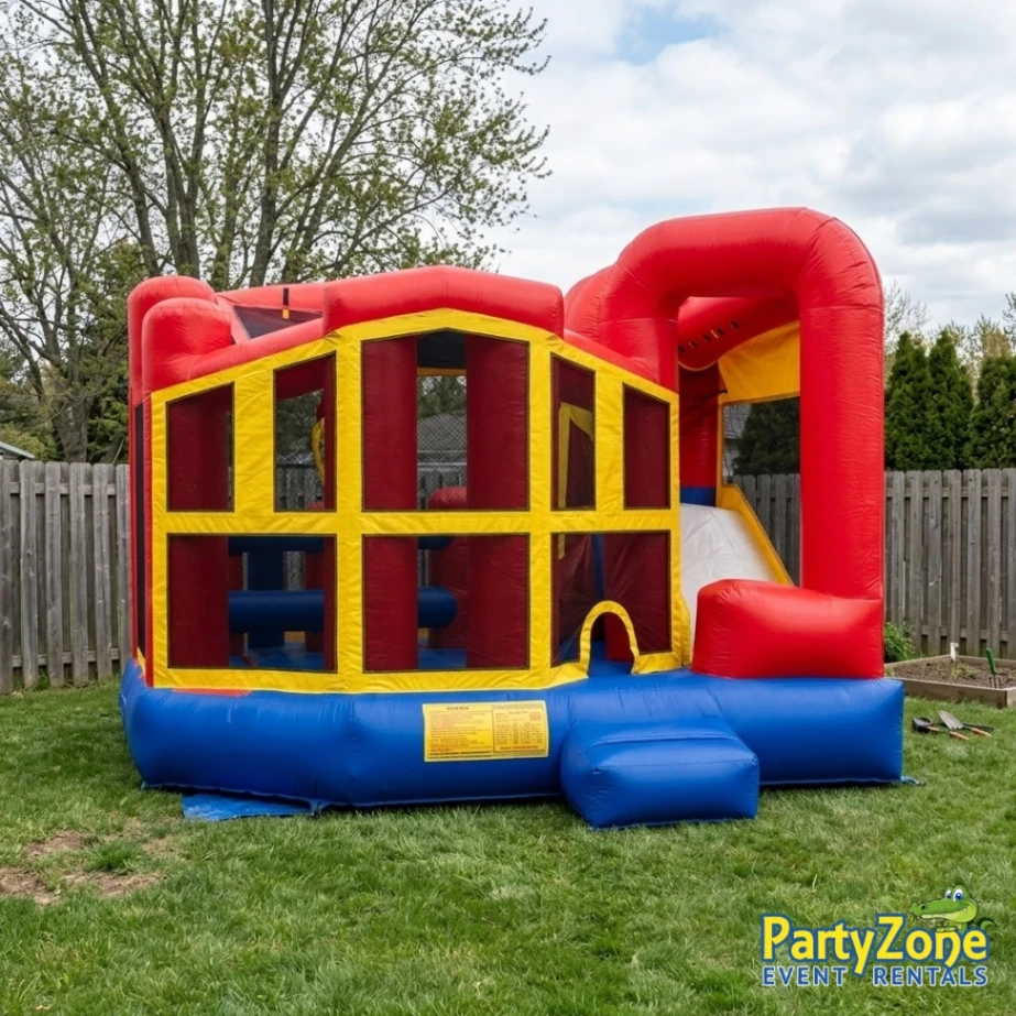 Modular 5-in-1 combo bounce house with slide rental for Metairie LA block parties and school field days