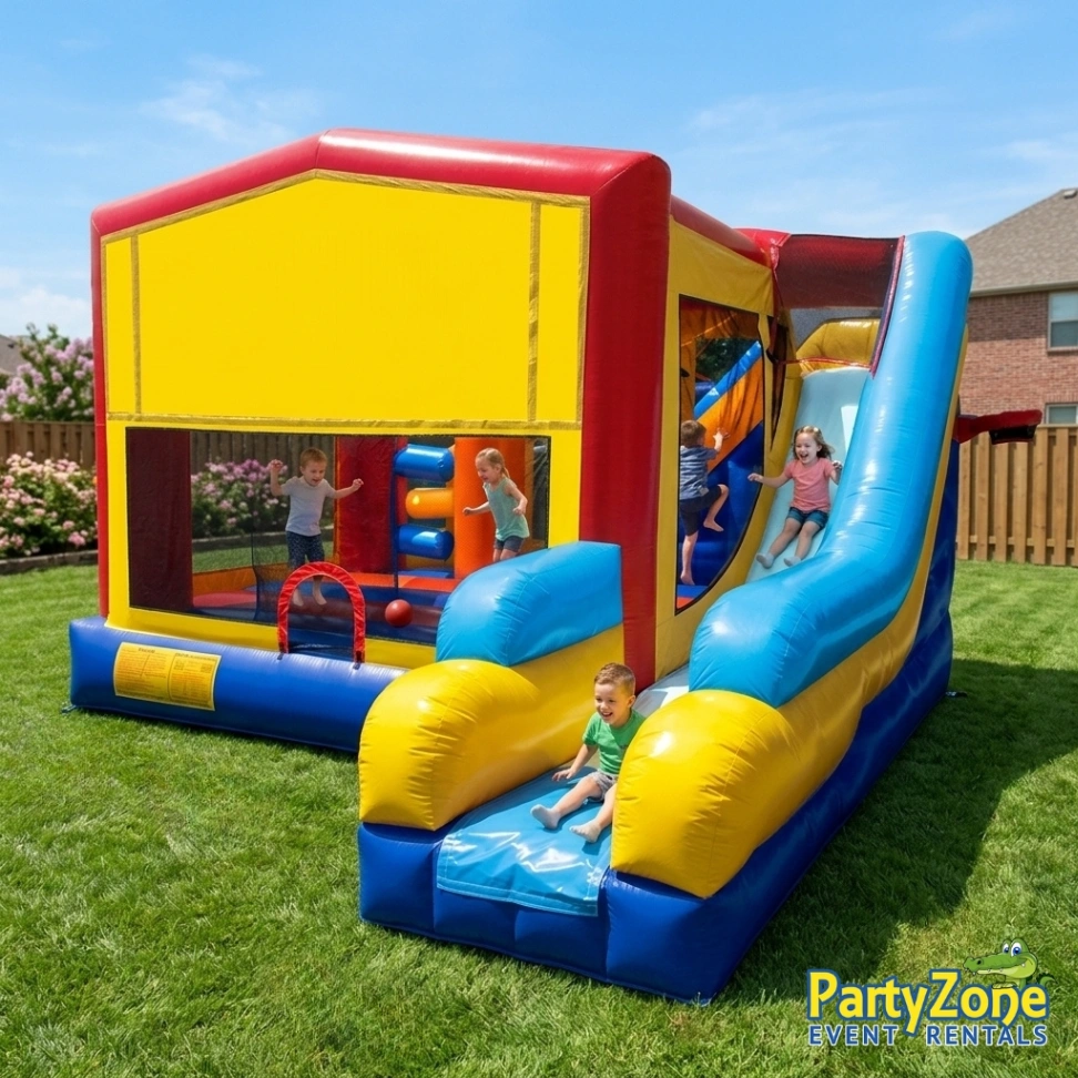Modular 7-in-1 combo bounce house rental for Metairie LA community events, holds 10 to 12 kids